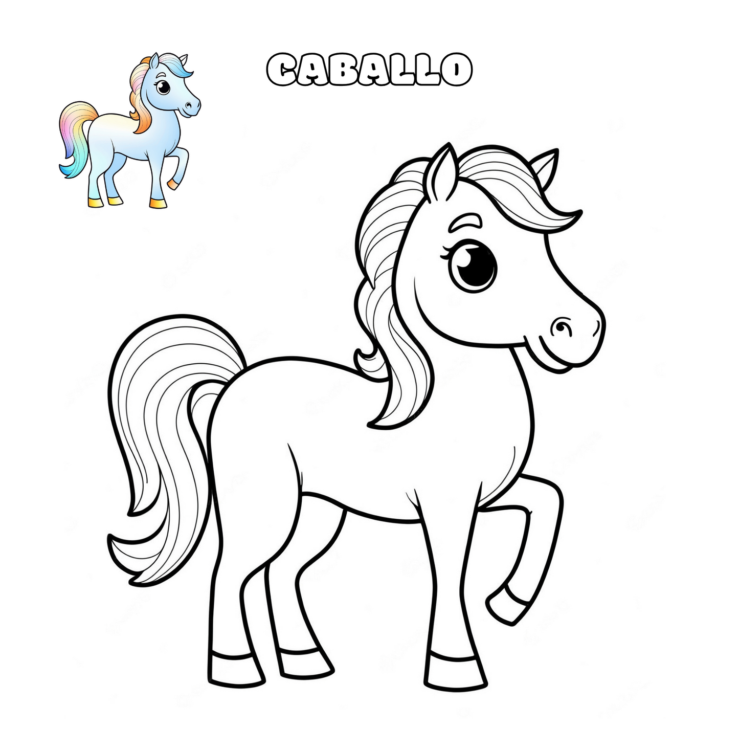 Ilustración de un caballo amigable para colorear, ideal para estimular la creatividad infantil