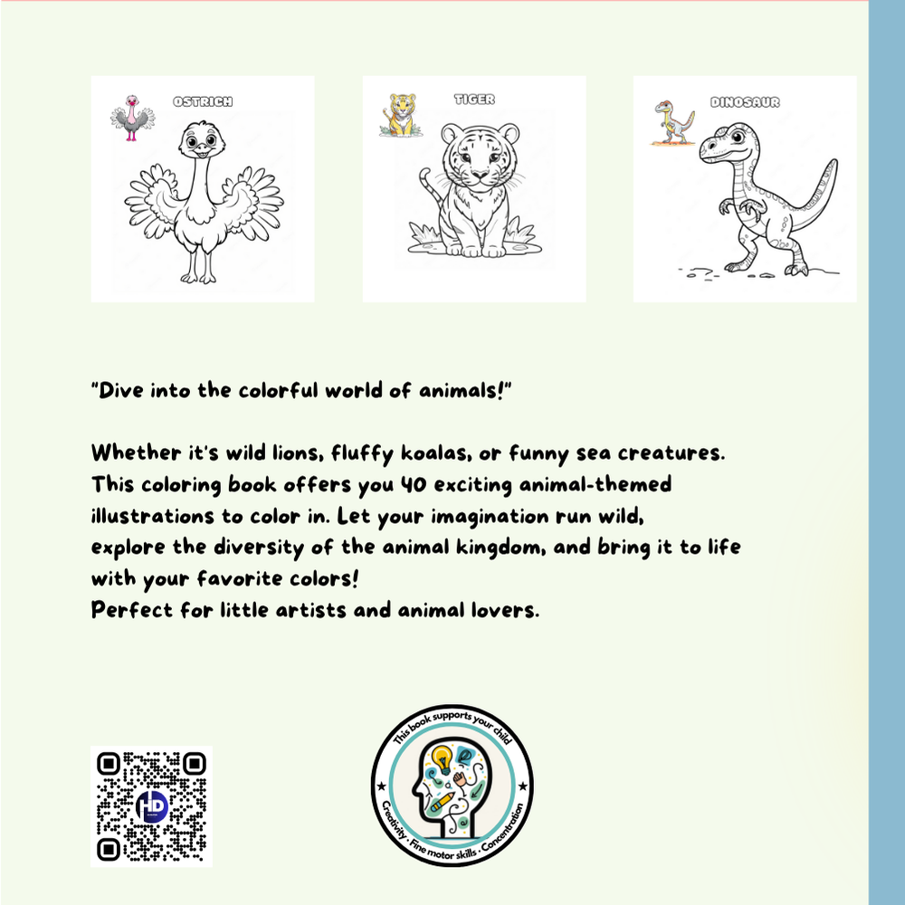 Animal coloring book sample page with ostrich, tiger and dinosaur for kids aged 4+