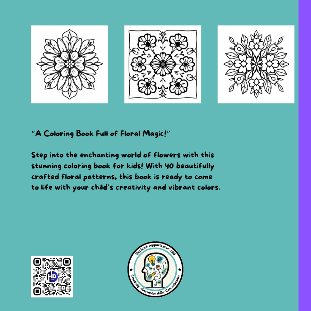 Backcover of floral coloring book for kids with sample pages and educational benefits for ages 4+