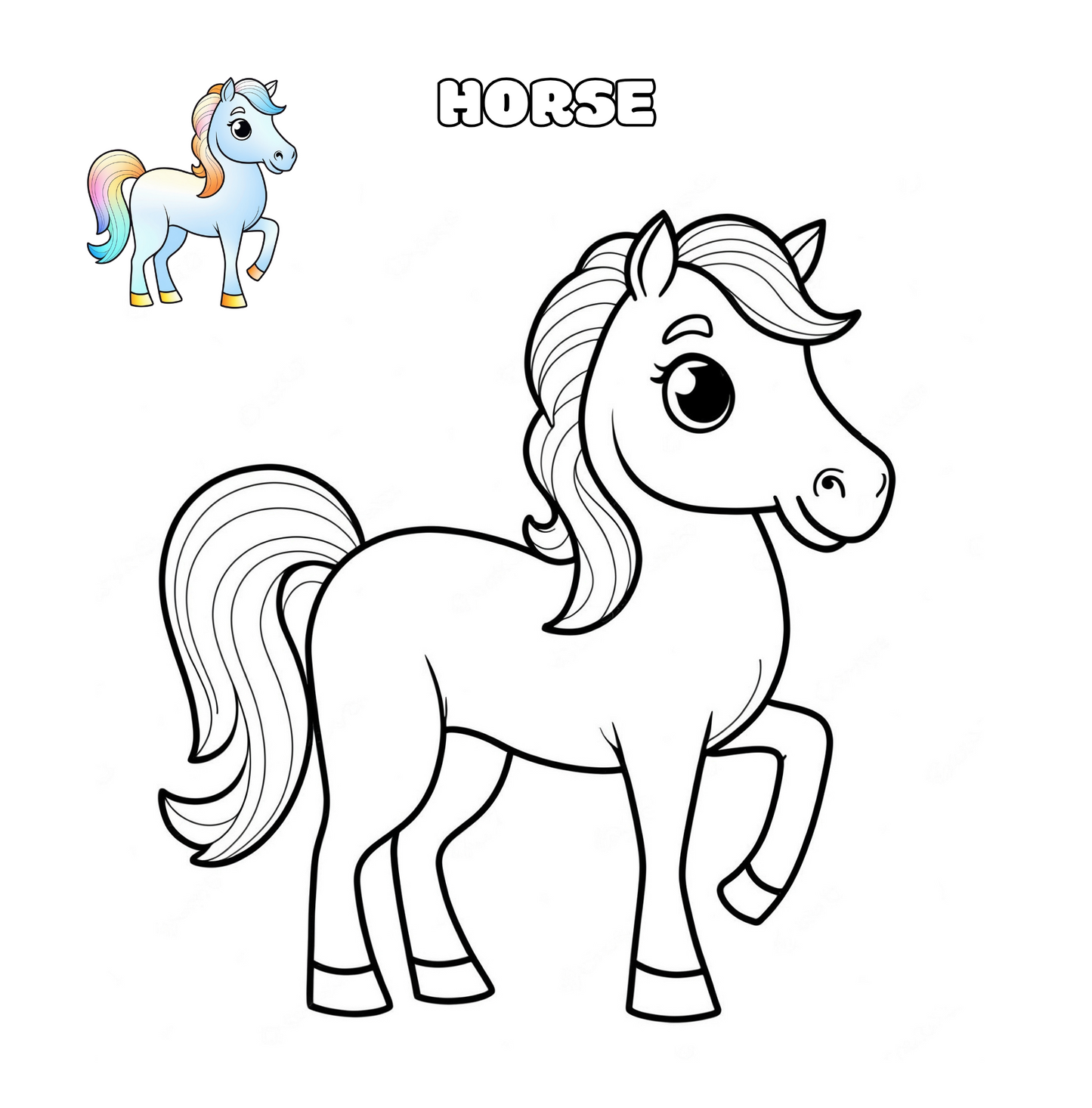 Friendly pony coloring sheet for kids aged 4+ from animals coloring book