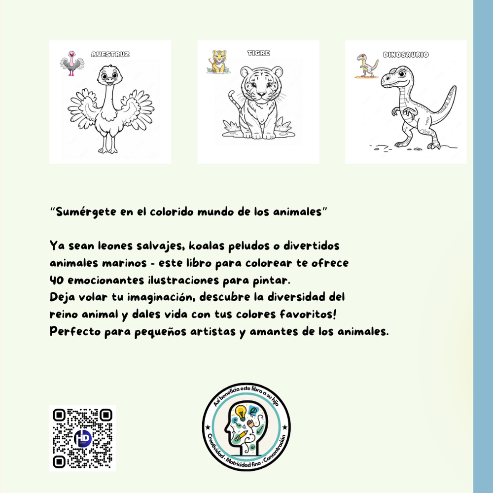 Contraportada del libro para colorear de animales para niños con texto descriptivo y dibujos de avestruz, tigre y dinosaurio para colorear