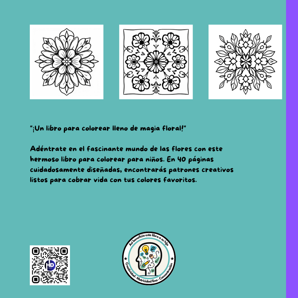 Contraportada del libro para colorear de flores para niños con texto descriptivo y patrones para colorear