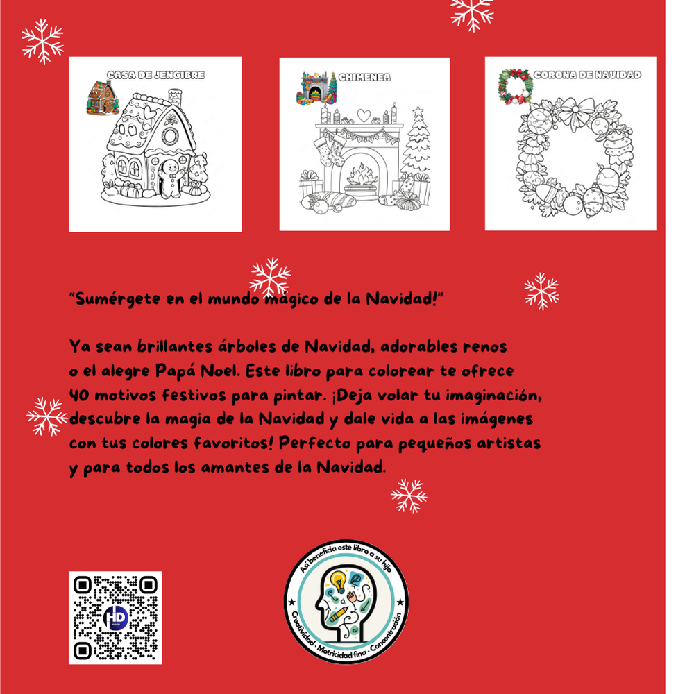 Descripción del libro para colorear de Navidad con motivos infantiles y muestra de dibujos